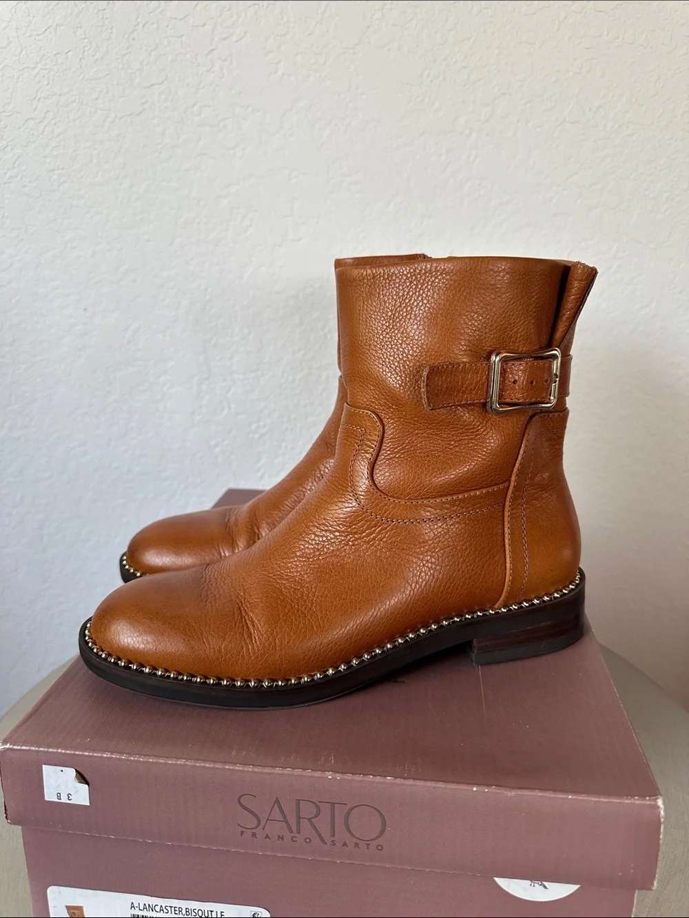 Franco Sarto Cognac Leather Ankle Boots with Buckle